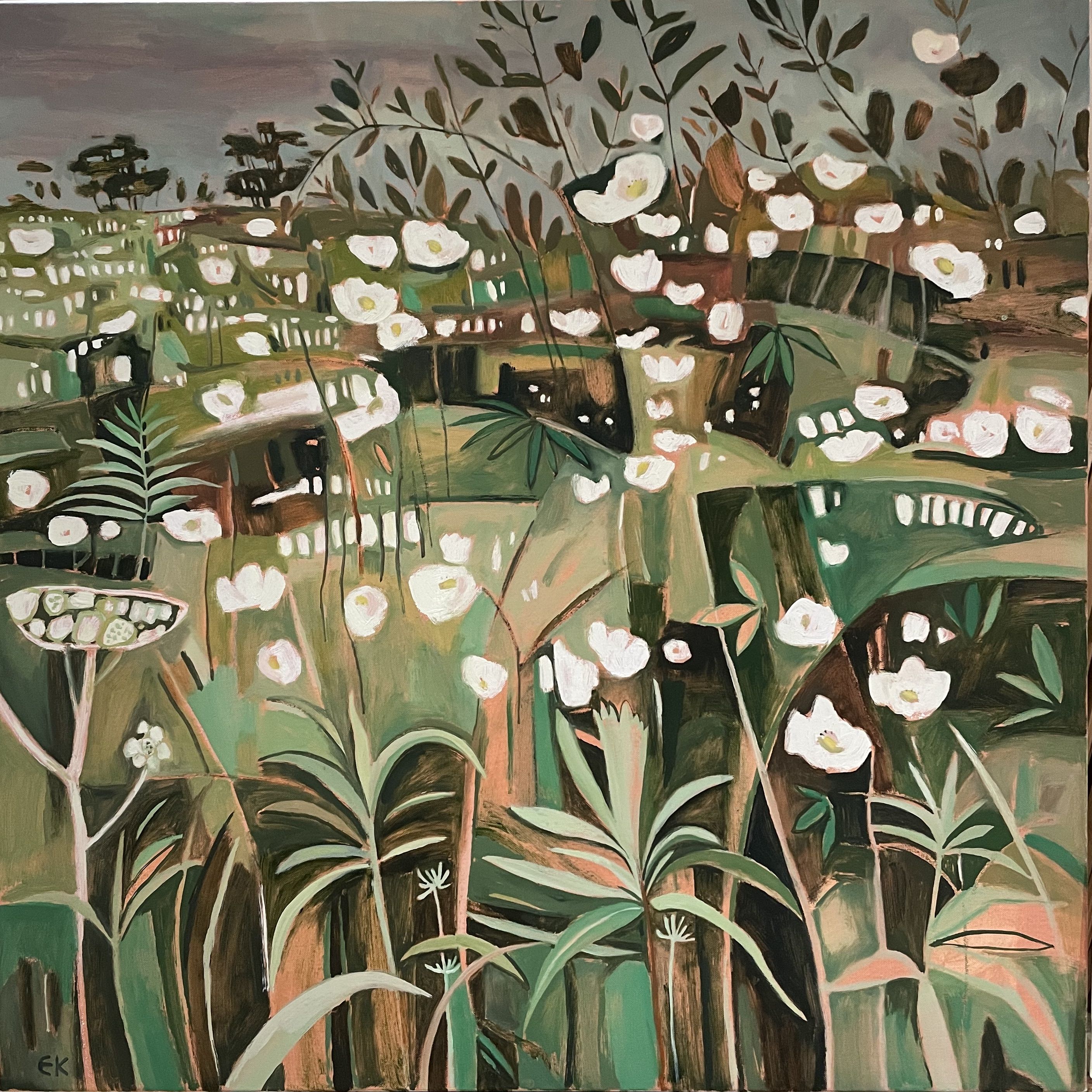 Summer Hedgerow with Brambles and Dog Roses left panel by Elaine Kazimierczuk