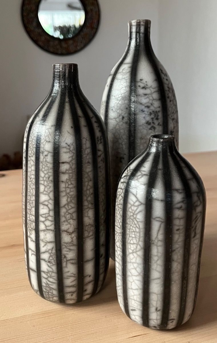3 Raku Striped Bottles  by Tamsin Levene