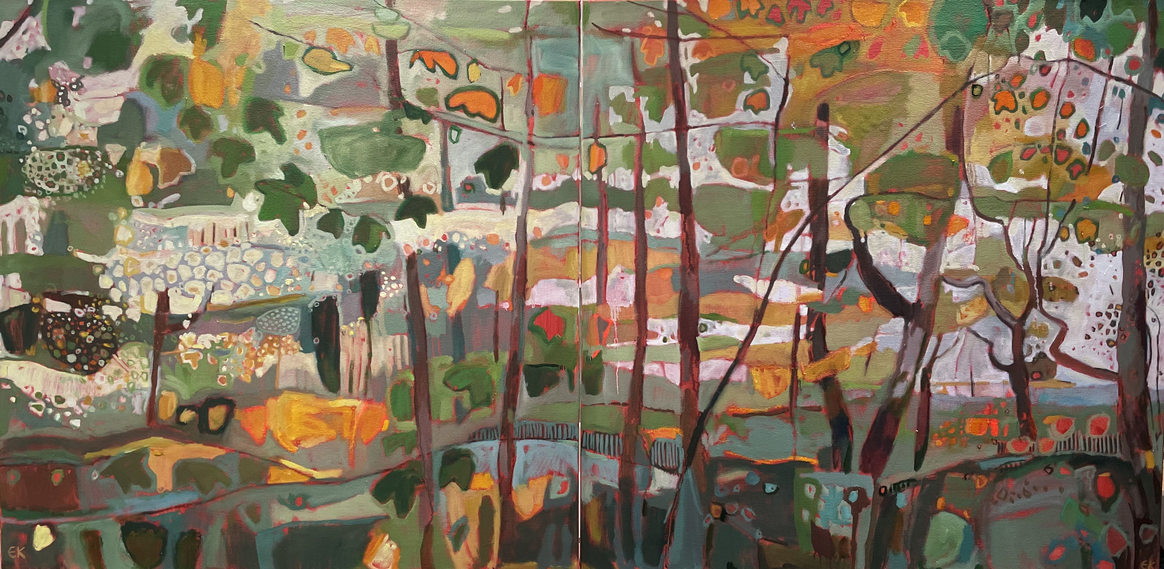Soft Autumn Shades in Bunny Woods diptych (panels 1 and 2)  by Elaine Kazimierczuk