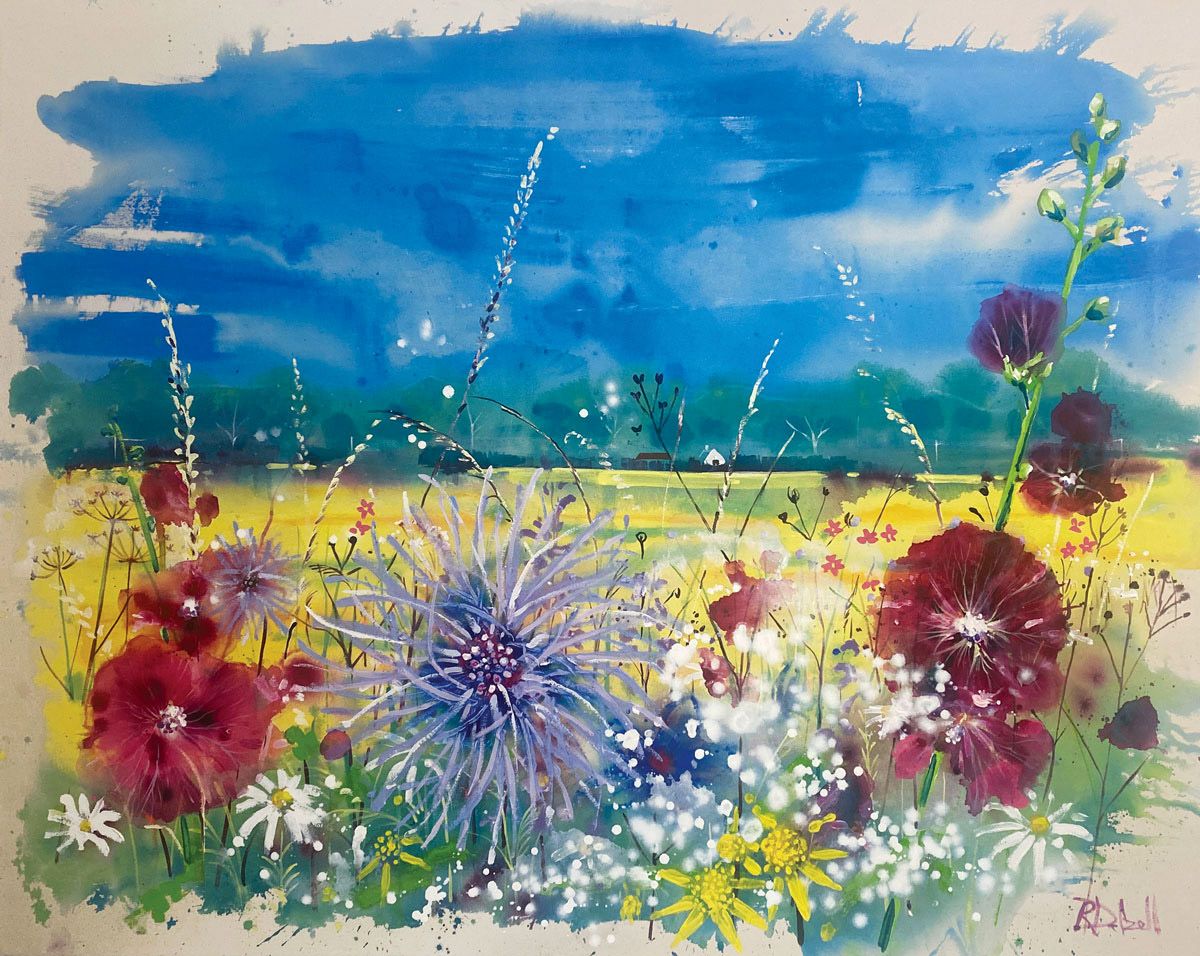 Hollyhocks in the hedgerow by Rachael Dalzell