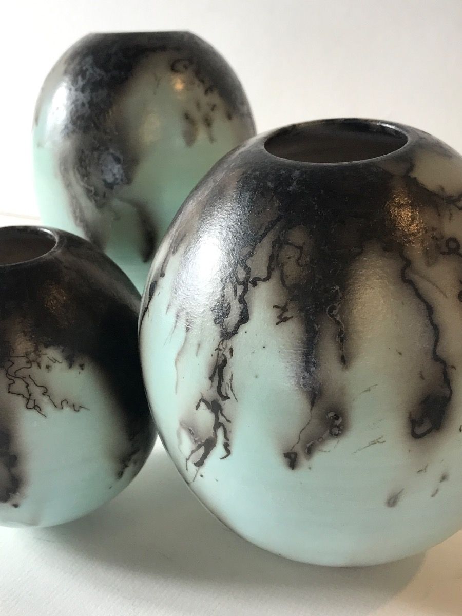Three Duck Egg Blue Horse Hair Raku Ball Vases  by Tamsin Levene - Secondary Image